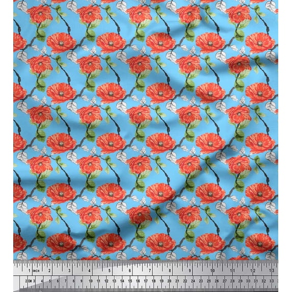 Soimoi Blue Silk Fabric Leaves & Floral Printed Fabric 1 Yard 42 Inch Wide