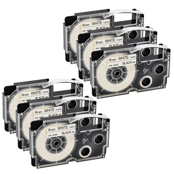 GREENCYCLE 6PK Black on White Label Tape Compatible for Casio XR9WE XR-9WE (9mm 0.35''x 8m 26ft) EZ Label Printer