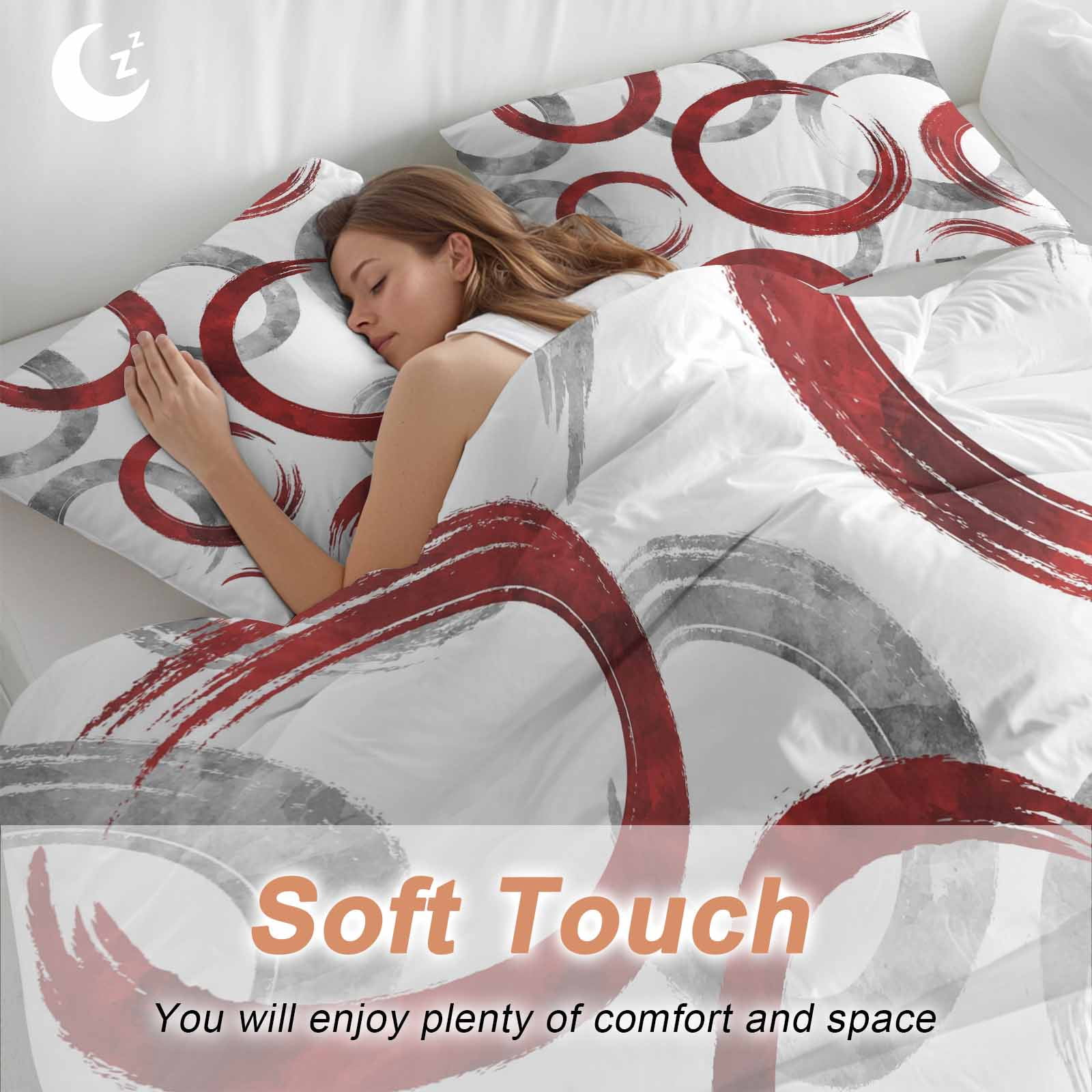 Red Grey Bedding 3 Piece Duvet Cover Set Queen Size, Geometric Circle Modern Abstract Simple Art Soft Microfiber Comforter Cover with Zipper Closure & Pillowcases, Wrinkle & FadeResistant Quilt Cover