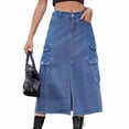 thumbnail image 2 of Women'S Long Jean Skirts with Slit Elastic Waist Cargo Denim Maxi Skirt Blue L, 2 of 9