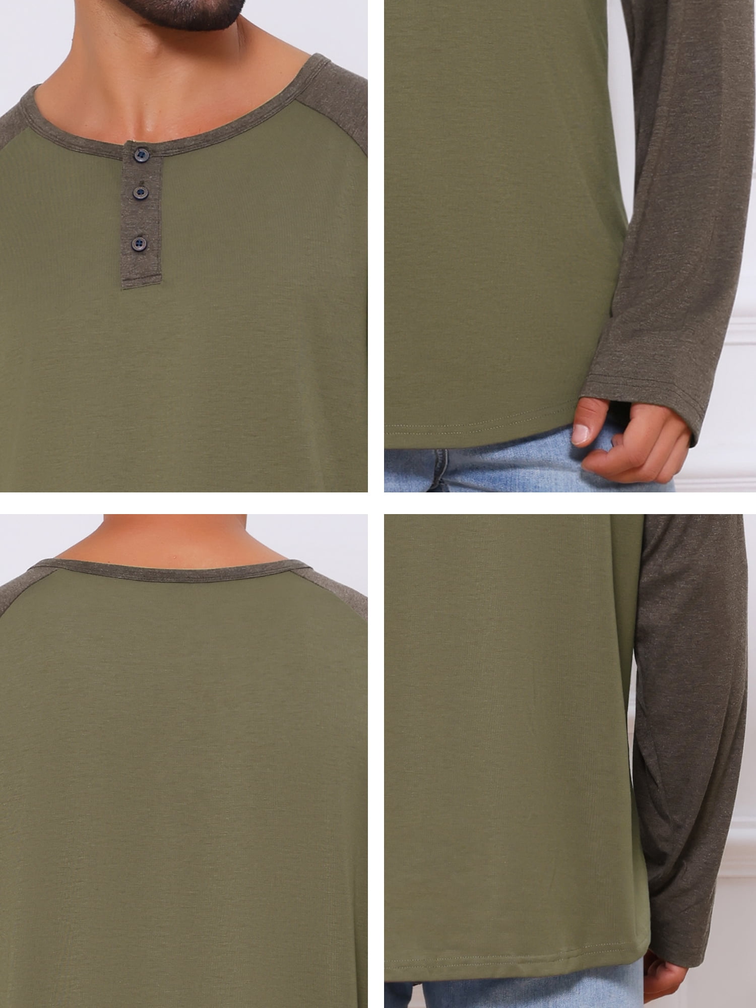DARING DIVA Men's Raglan Long Sleeve Tee Shirt Baseball Henley T-Shirts S Green Brown