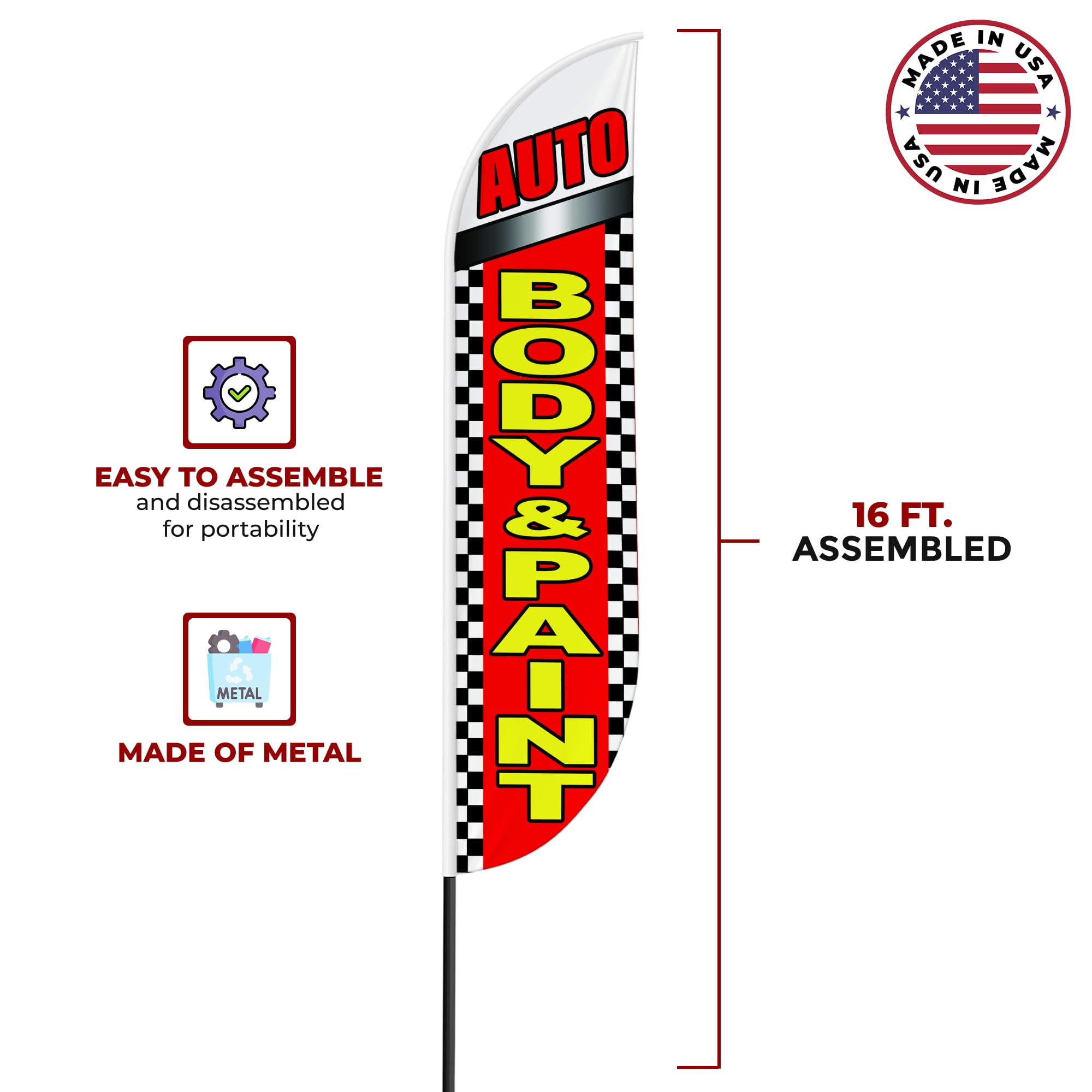 Auto Body Paint Sign feather flag for Outdoor by Mavis Printing | 11.5 FEET Long Polyester Outdoor Banner Flag for Easy Hang | HD Print Swooper I Flag Only to Advertise Car BusinessI Flag Only