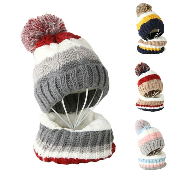 Dengjunhu 2Pcs/Set Kids Winter Knitted Hats+Scarf Set Warm Fleece Lining Cap for 5-14 Year Old Boys Girls