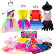 Jeowoqao Girls Dress up Trunk Princess Set, 24 PCS Pretend Play Costume Set, Fairytale, Supergirl, Princess, Rainbow Unicorn Costume for Toddler/Little Girls Ages 3-5yrs