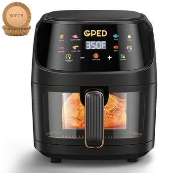 GPED Air Fryer, 7.5QT Air Fryer Oven with Visible Cooking Window, 8 Cooking Presets, Supports Customerizable Cooking, Easy to Clean Non-Stick Basket, Including Air Fryer Paper Liners 50PCS, Black