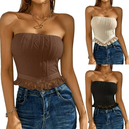 

Women Strapless Knit Fringe Bra Bandana Top Y2k Sexy Twist Front Cutout Tassel Trim Crop Shirt Summer Going Out Tube Top