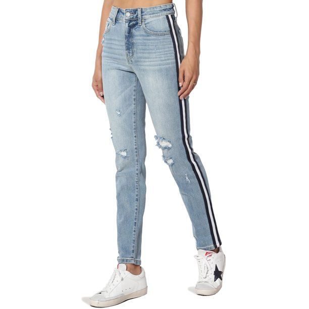 TheMogan - TheMogan Women's Tuxedo Stripe High Rsie Crop Ankle Slim Mom Jeans In Stretch Denim