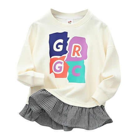 

nsendm Girls Size 16 Kids Child Toddler Baby Girls Long Sleeve Letter Patchwork Plaid Pullover Sweatshirt 6god Shirt White 5-6 Years
