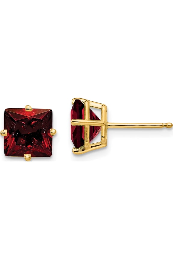 14K Yellow Gold 7mm Princess Cut Garnet Earrings (8 X 8) Made In United States xe63ga