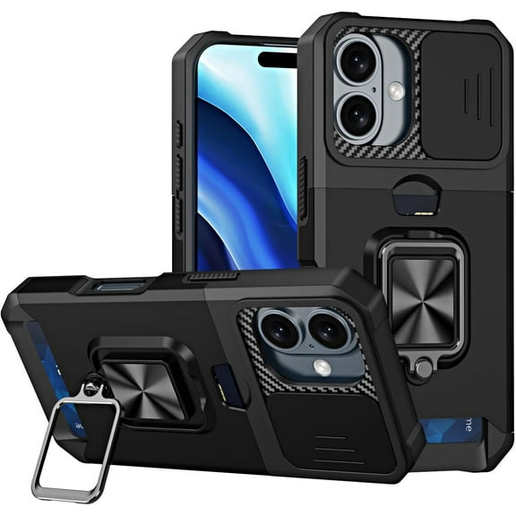 Case for Galaxy A06,Military Grade TPU PC [Built-in Magnetic Kickstand] Dual-Layer Design Card Slot Heavy Duty Shockproof Protection Phone Case for Samsung Galaxy A06,6.7" 2024 (Black)