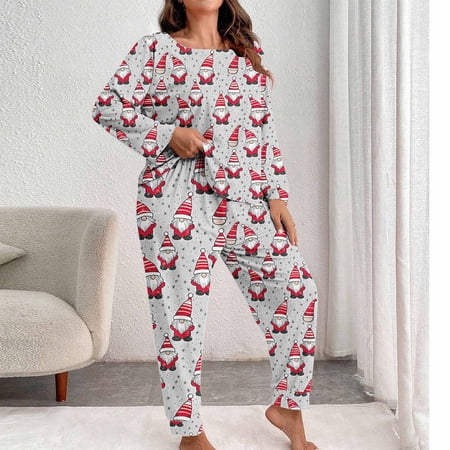 QUNYINEY Pajamas for Women Set Christmas Plus Size Soft Two Piece Long Sleeve Shirts and Pants Cute Loose Round Neck Women Sleepwear