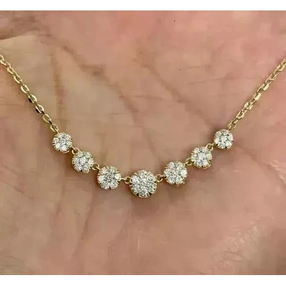 Round Cluster White Diamond Necklace, 3 ct. t.w., 925 Sterling Silver, Link Chain