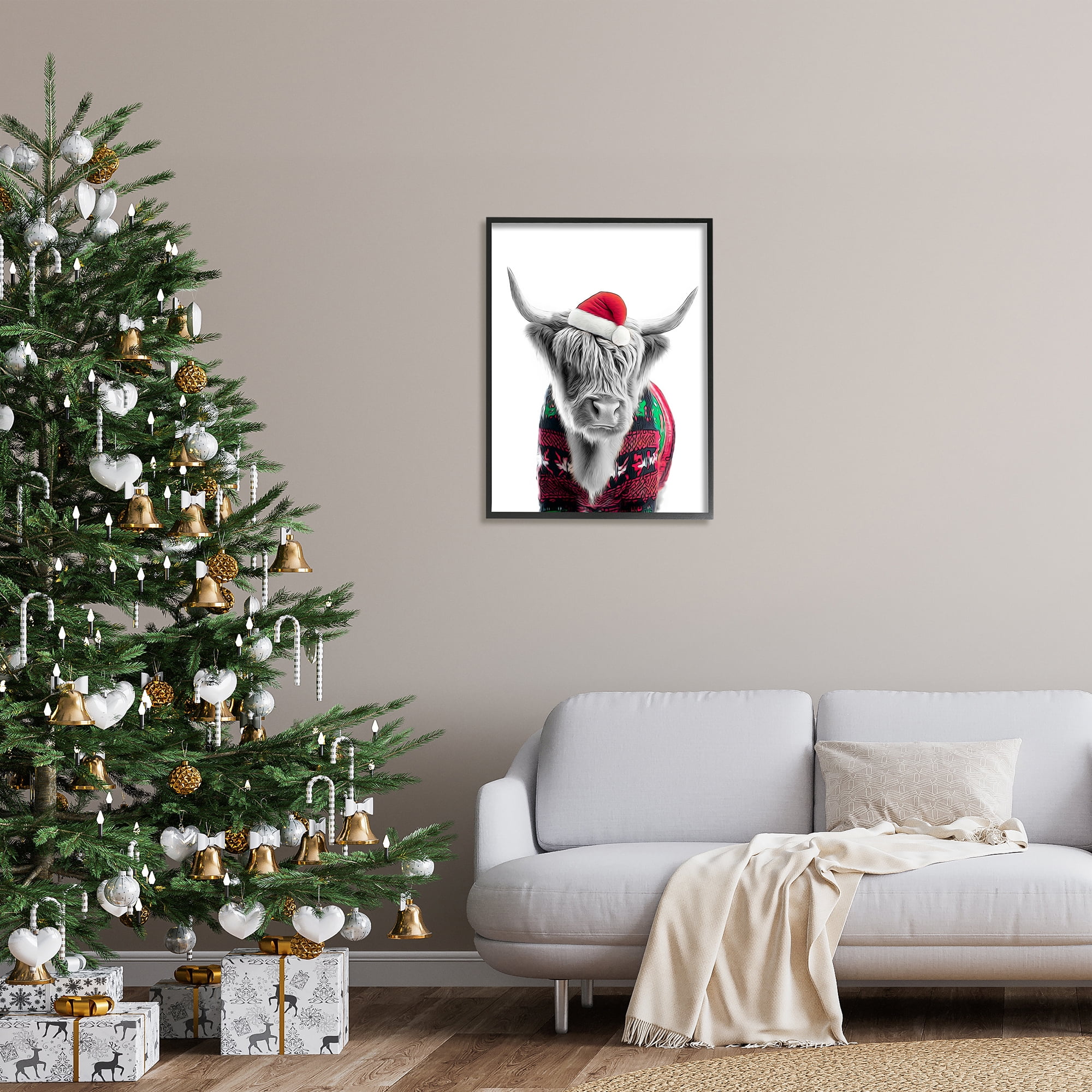 Stupell Industries Cow in Christmas Sweater Holiday Painting Black Framed Art Print Wall Art, 24 x 30