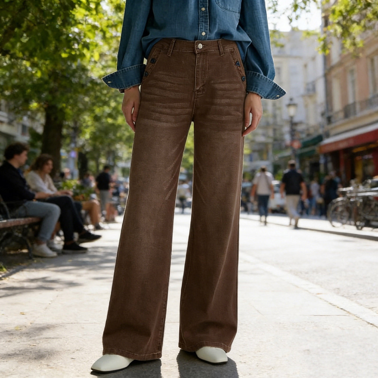 Vintage Jeans for Women Solid High Waited Baggy Wide Leg Jeans Y2K Streetwear Loose Fit Denim Pants with Pockets