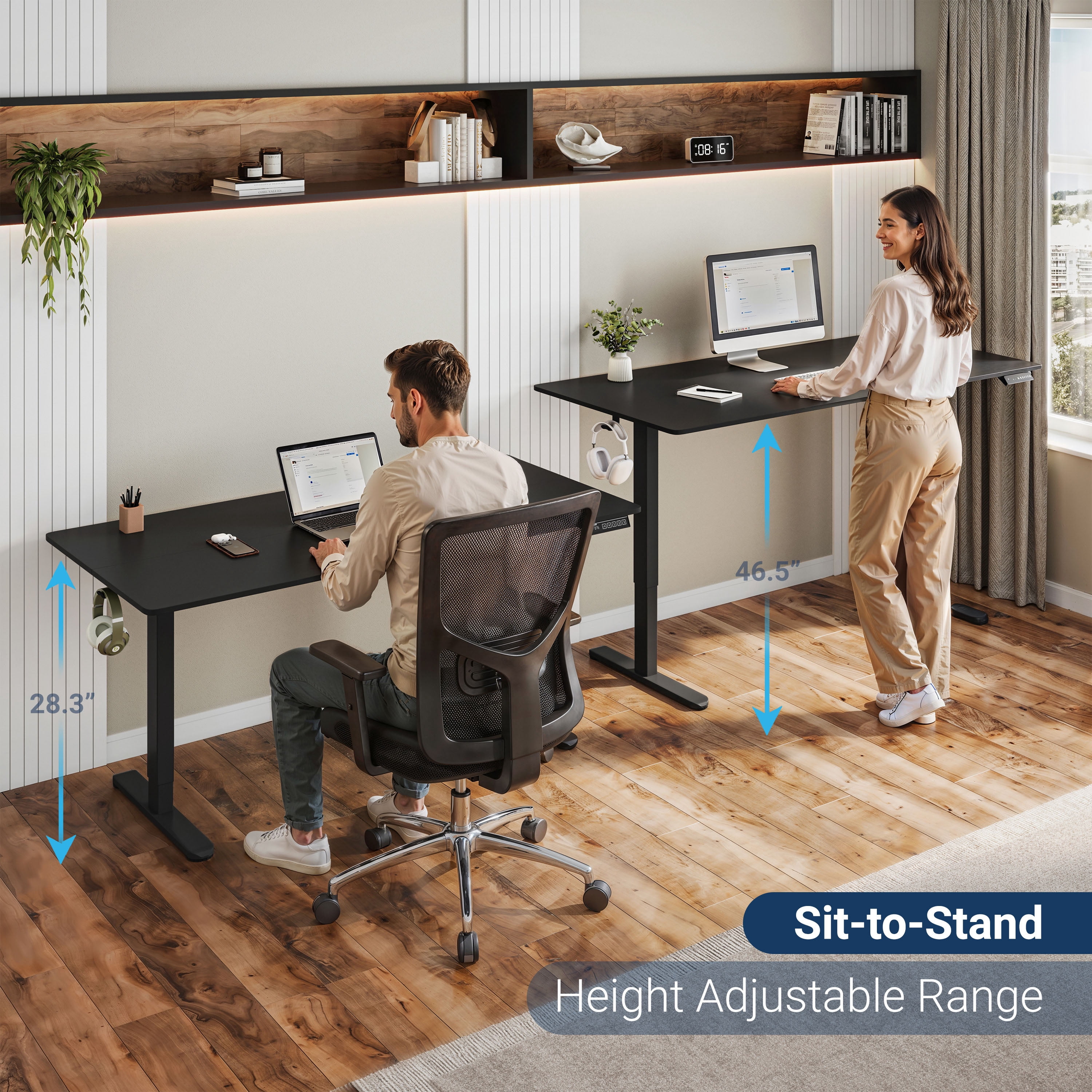 Techni Mobili 55” W Electric Standing Desk, Height Adjustable Sit-to-Stand Desk with 3 Memory Presets and Dual Accessory Hooks, Black