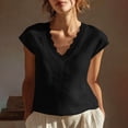 thumbnail image 3 of MOJOGO Women's Lace Trim Tees Lightweight Linen Blend Blouses V Neck Cap Sleeve Tops Short Summer Casual Outfits Black 2XL, 3 of 8