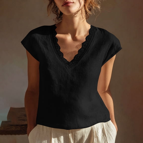 ClodeEU Women's Lace Trim V Neck Linen Blend Top,Casual Loose Trendy Blouse for Summer Black,Womens Plus XXL