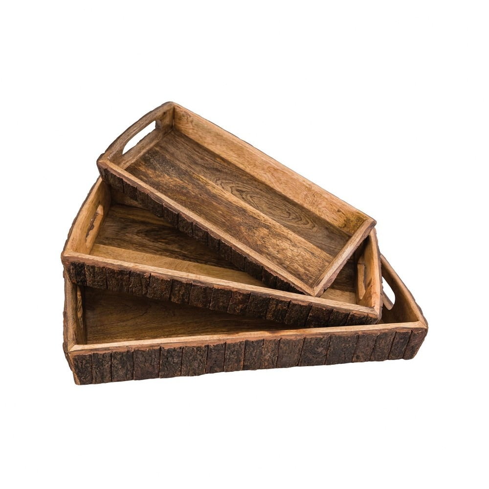 Natural Wood Carved Trays Set Of 3 in Natural Serving Standard with ...