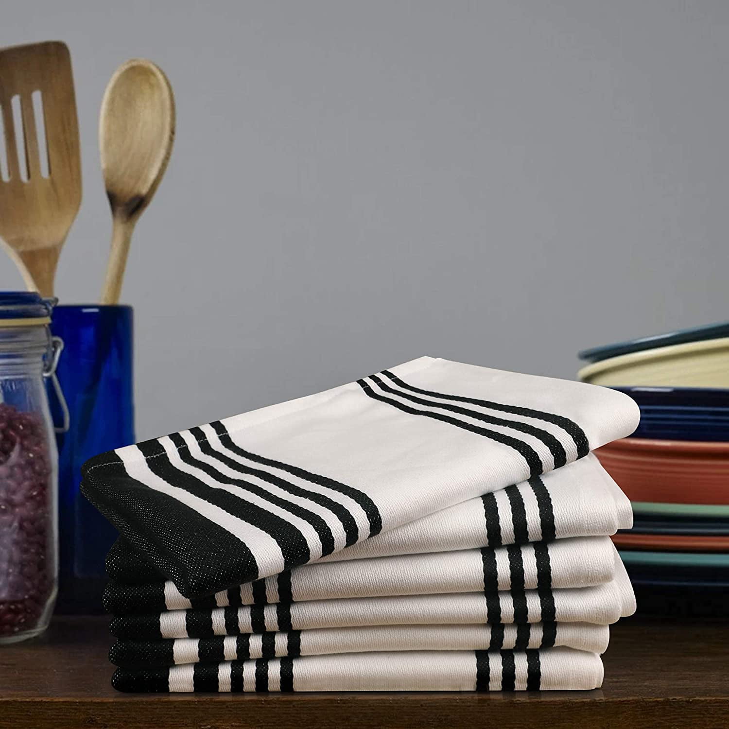 Urban Villa Kitchen Towels 100% Cotton Pack of 6, Highly Absorbent Quick Drying Super Soft Premium Dish Towels for Kitchen with Hanging Loop Hand & Tea Towels - 20x30 Inch, (Black & White, Striped)