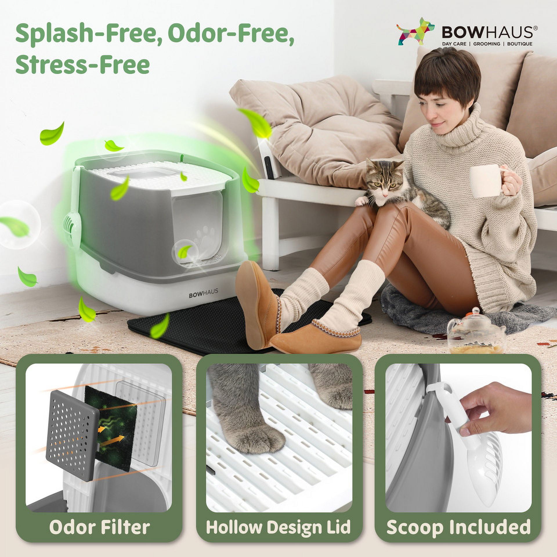 CAPHAUS Fully Enclosed Cat Litter Box with Double Door, Large Space Anti-Splashing Cat Toilet with Scoop, Cat Mat & Odor Fitter, Plastic Cat Litter Box w/ Lid, Lockable Front Door, Beige