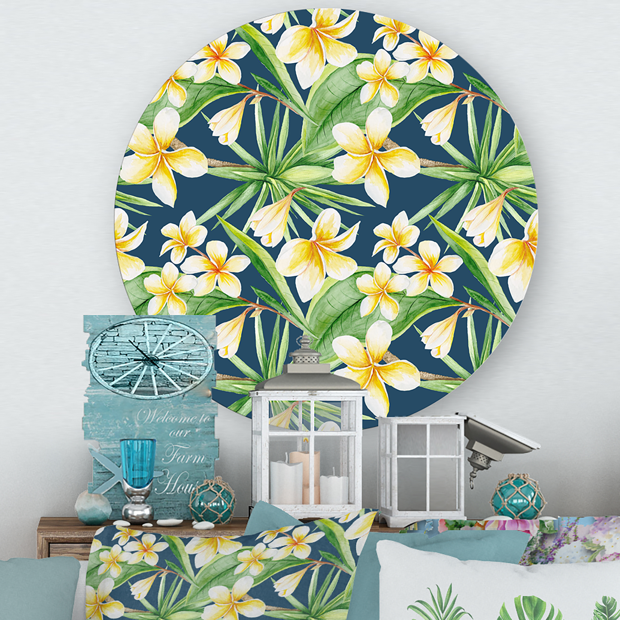 Designart 'Yellow Flowers and Tropical Foliage VIII' Modern Circle Metal Wall Art 23x23 - Disc of 23