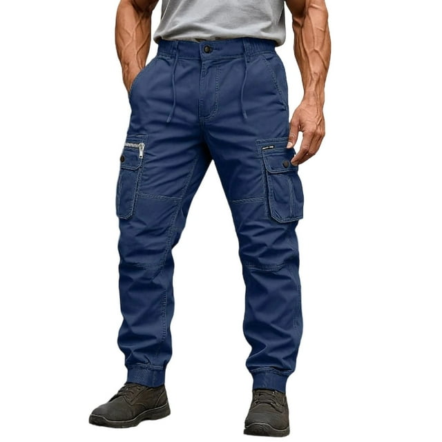 Leodye Pantalon Cargo Décontracté et à la Mode pour Homme, Taille Élastique, Coupe Ajustée, Multi-Poches, Jambe Fuselée, Bleu 38(38)