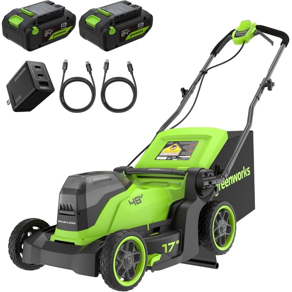 Greenworks 48V (24V x 2) 17" Brushless Cordless Push Lawn Mower, Includes (2) 4.0Ah Batteries and Dual Port Rapid Charger (200 Compatible Tools, 45-Min Runtime)