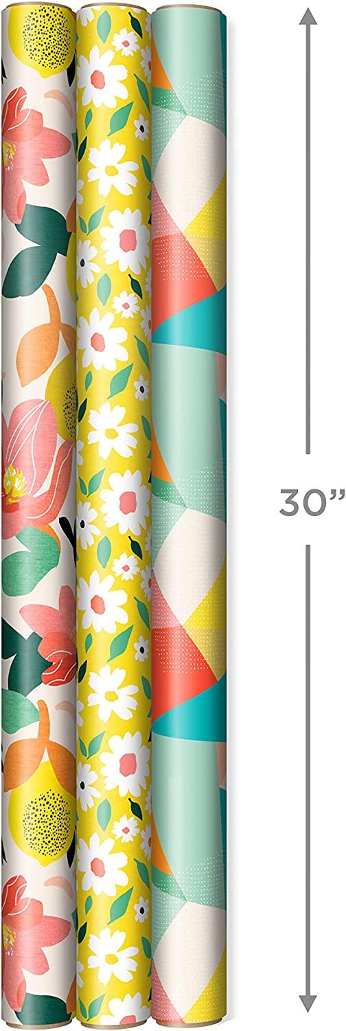 Hallmark Reversible Wrapping Paper (3 Rolls: 75 Sq. Ft. Ttl) Floral,  Lemons, Bright Abstract for Birthdays, Easter, Mother's Day, Bridal  Showers, Baby Showers 