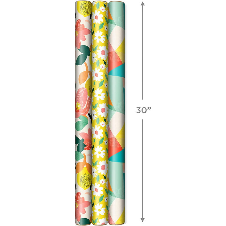 Hallmark Reversible Wrapping Paper (3 Rolls: 75 Sq. Ft. Ttl) Floral,  Lemons, Bright Abstract for Birthdays, Easter, Mother's Day, Bridal  Showers, Baby