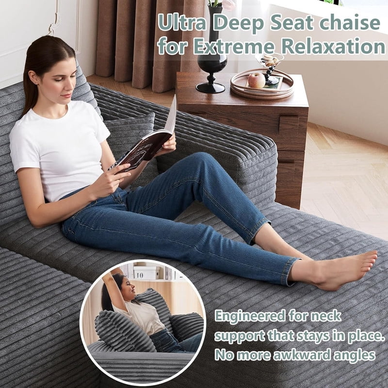94" Modular Sectional Sofa with Ottoman, Modern Corduroy Cloud Couch with Deep Seat, Upholstered 3-Seater U-Shaped Sofa for Living Room, Right Facing Chaise