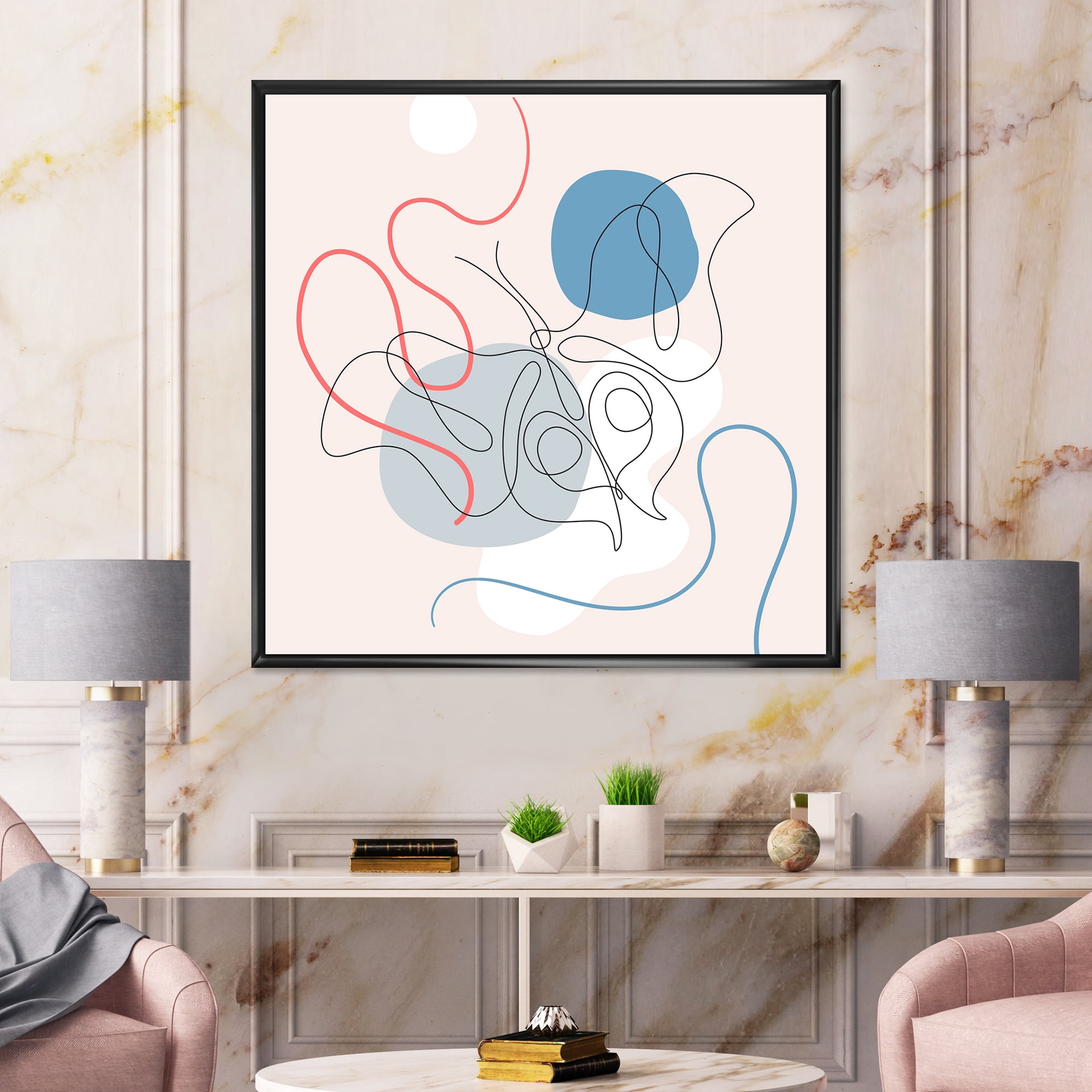 Designart 'Butterfly With One Line Drawing On Cubism Shapes II' Modern Framed Canvas Wall Art Print