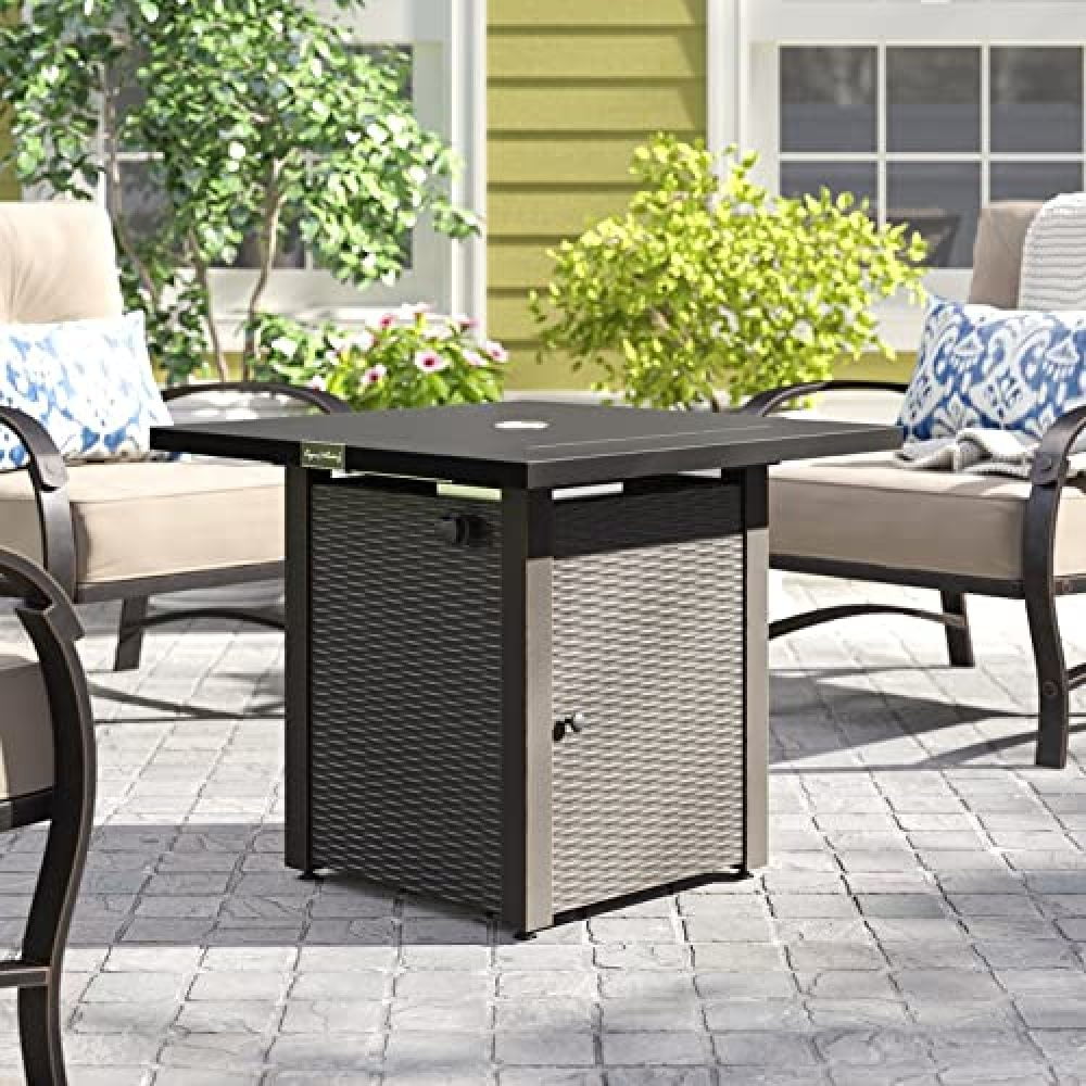 28" Outdoor Gas Fire Pit with Lid - 50,000 BTU Rattan Look, Lava Stones & ETL Certified Safety