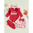 thumbnail image 4 of Newborn Baby Girl Valentines Day Outfit Long Sleeve Ruffle Romper+Heart Layered Shorts+ Bow Headband+ Socks 4Pcs Spring Clothes, 4 of 8