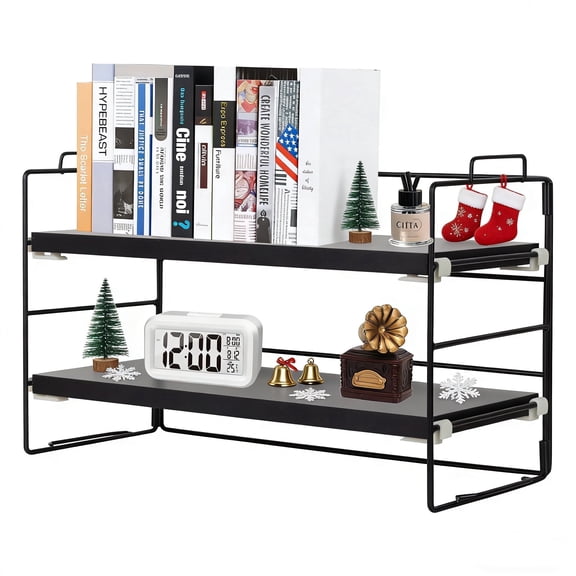 YOYTOO Desk Shelf Organizer, 2 Tier Desktop Organizers Storage Shelves Tabletop Bookshelf for Home Office, Black