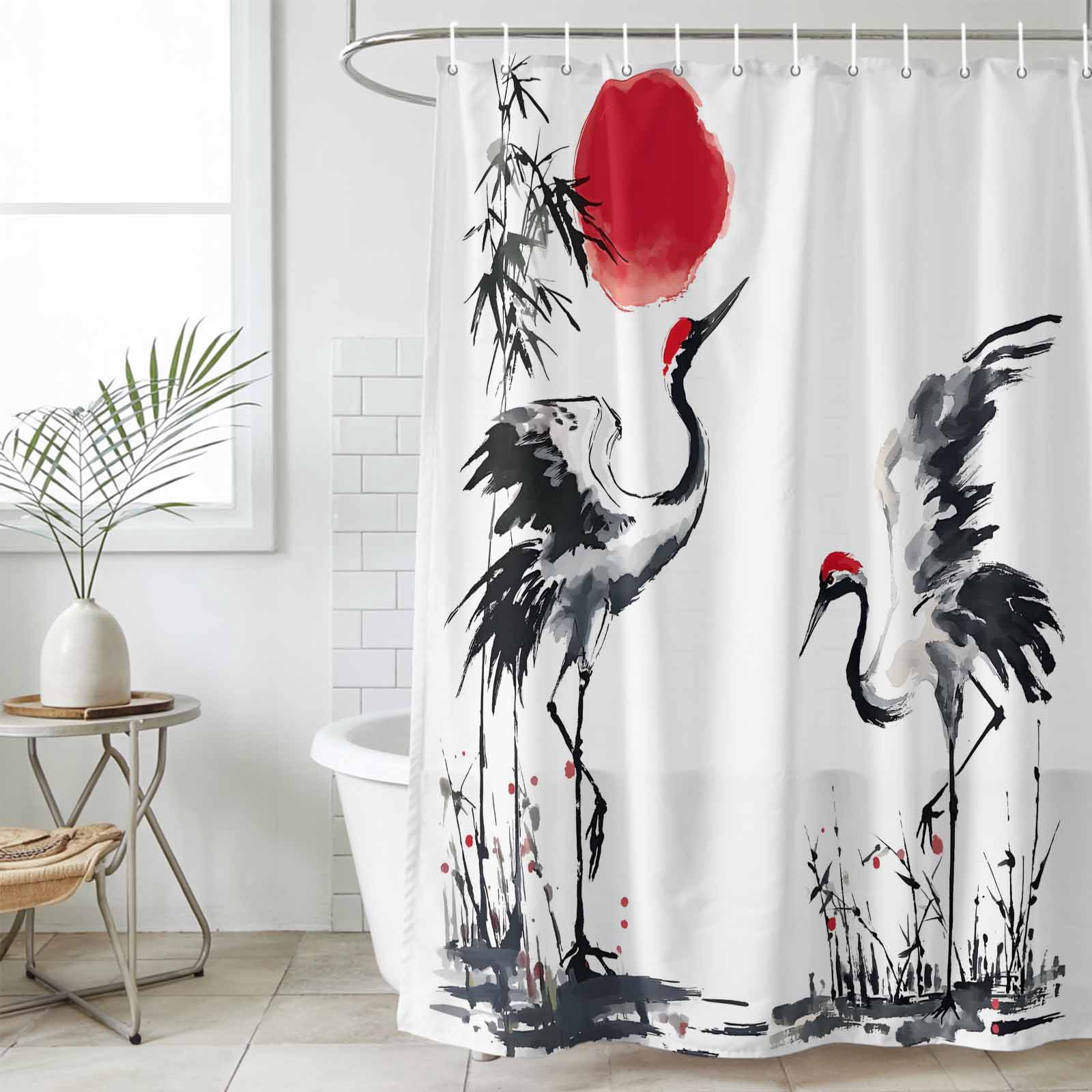 Small Stall Shower Curtain 36x72 Inch Narrow Half Size Crane Bath Curtains Bathroom Decor, Black White Ink Wash Red Moon Botanical Waterproof Fabric Shower Curtain Set with Hooks 36 Inch