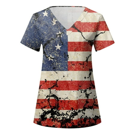 

Scrubs Top Uniform Nurses Clothing Workwear Women Independence Day Printed Daily Summer O-Neck Tops American 4th Of July Blouse Short Sleeve Pocket Loose Caring Working Blouse Female Dailywear