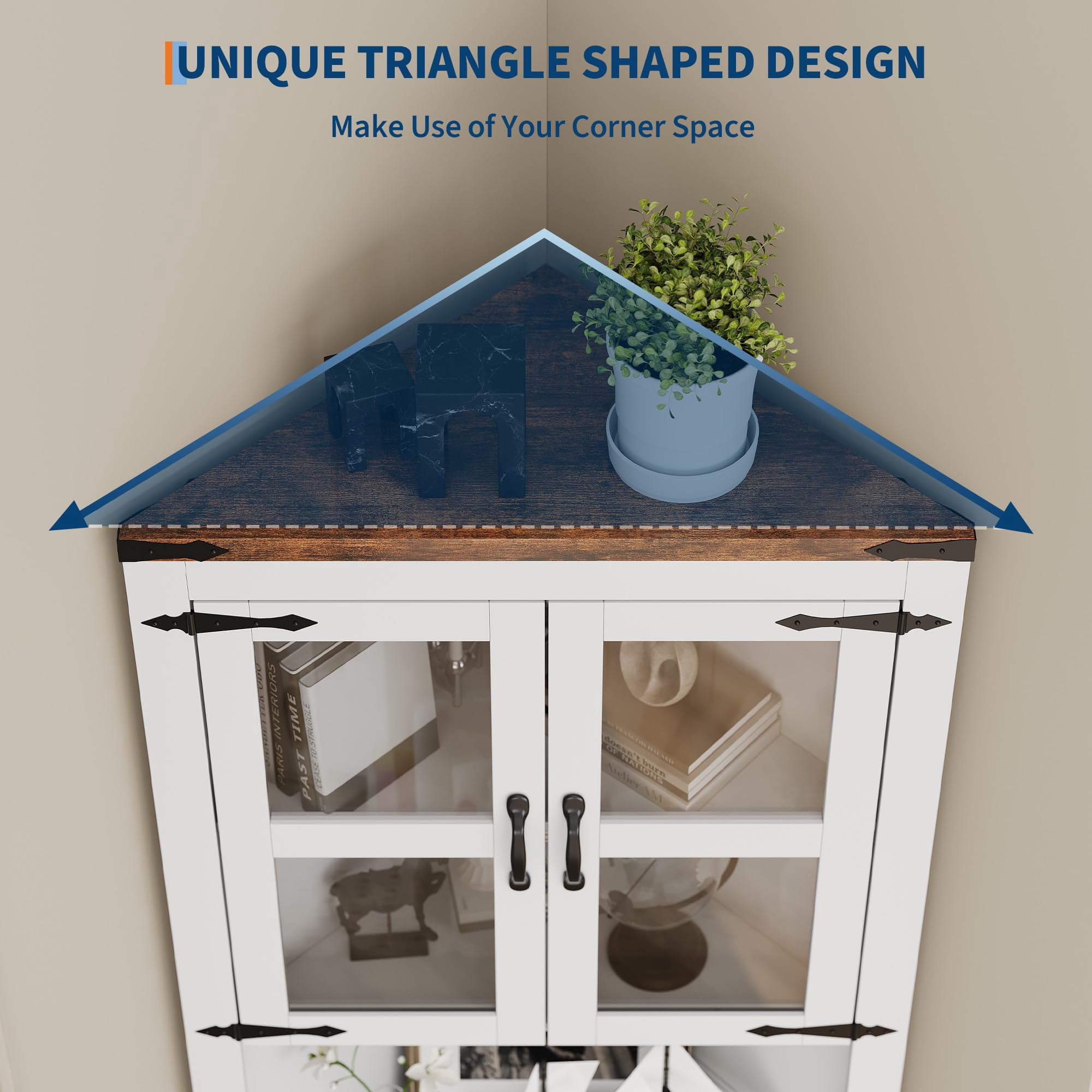 Corner Storage Cabinet with Glass Doors, Double-Door Corner Cabinet, Corner Cabinet with Shelves, Corner Cabinet with Light Strips-white