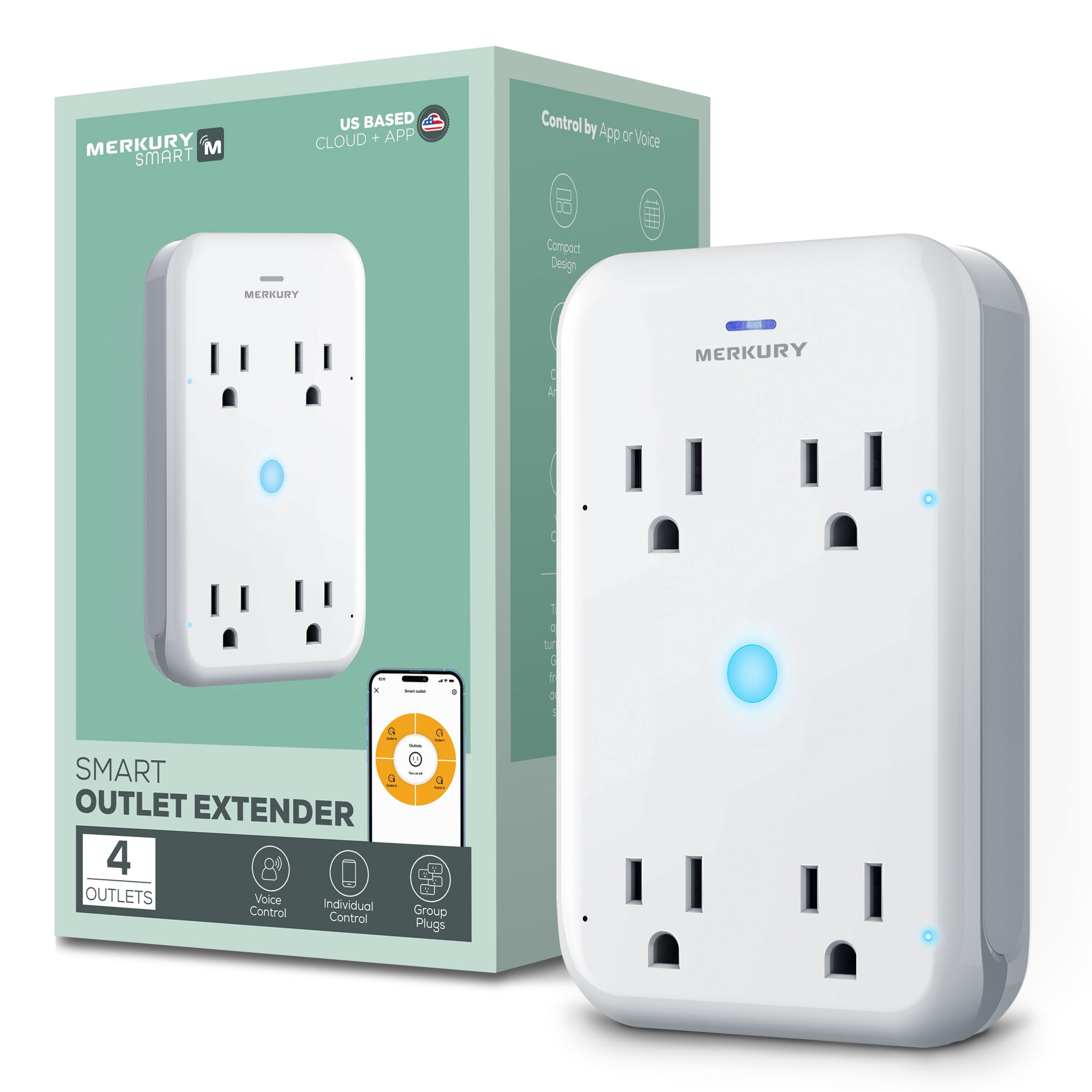 Merkury Innovations Smart 4-Outlet Wall Extender, 15A 1800W, Wi-Fi Enabled, Works with Alexa & Google Assistant – White