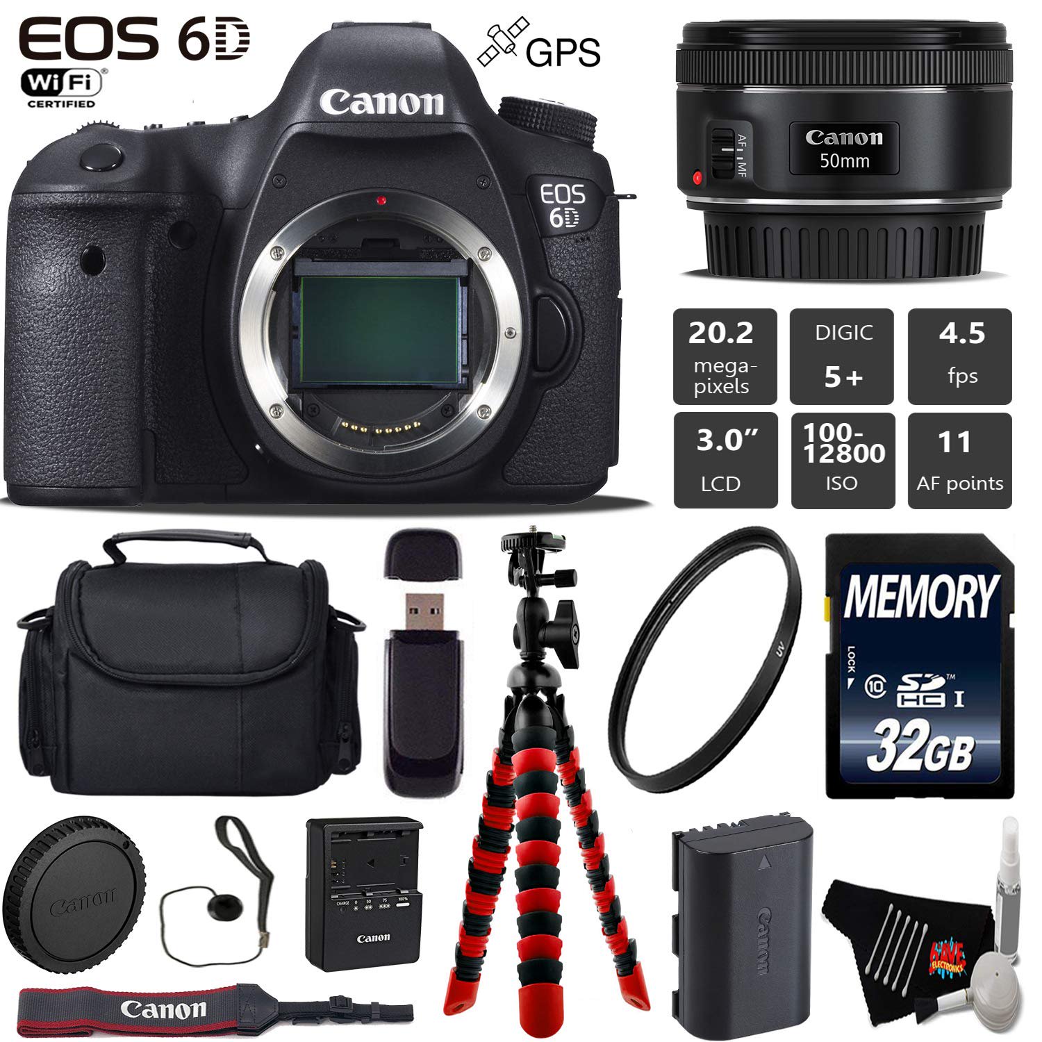 Canon DSLR Camera with 50mm F/1.8 STM Lens + Wireless Remote + UV Protection Filter + Case + Wrist Strap + Tripod + Card Reader - Intl Model(International Model)