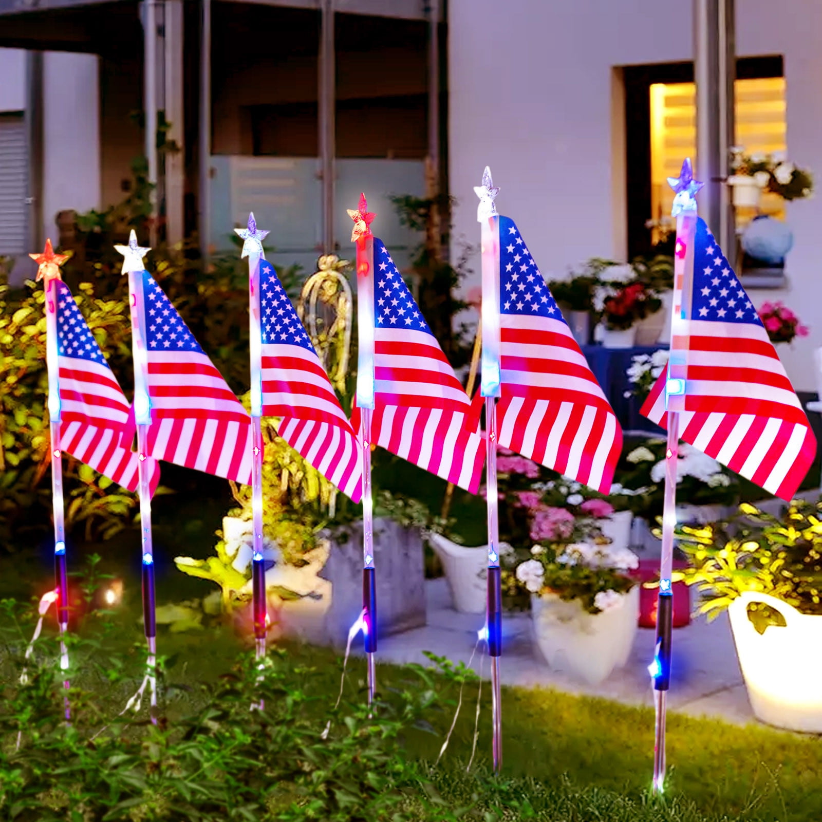 Solar American Flag Lights Outdoor Decorative - 6 Pack Waterproof LED USA Flag Garden Stakes, 27.5 Inch Patriotic Solar Pathway Lights for Yard, Lawn, Cemetery, Independence Day Memorial Day Decor