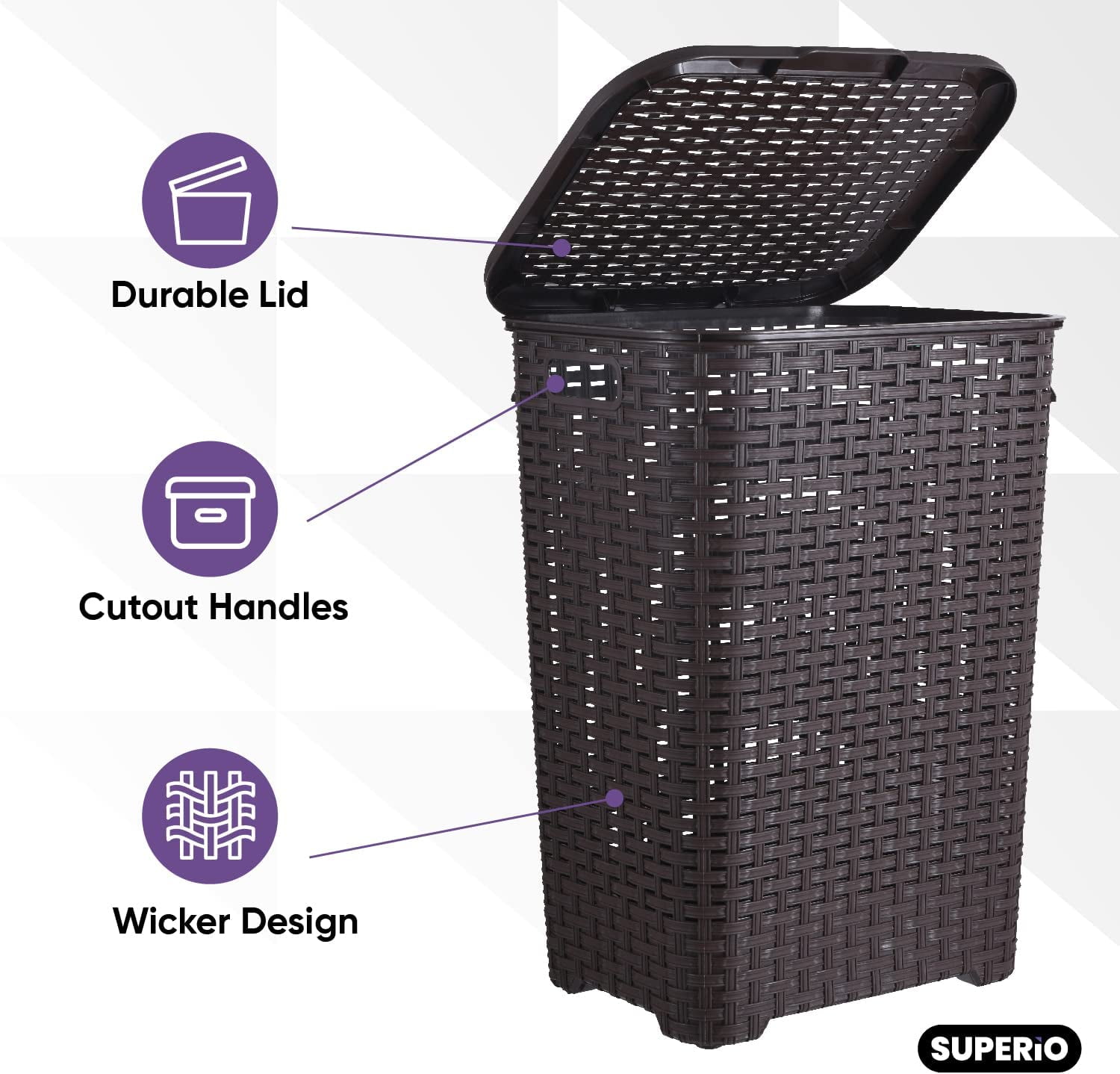 Superio 60L Large Wicker Plastic Laundry Hamper with Lid Root Beer Brown 3 Pack
