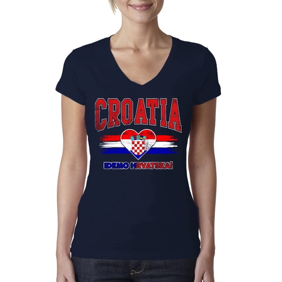 Wild Bobby Croatia Flag Heart Idemo Hrvatska Graphic | Women's Novelty T-Shirt | Soccer Football Fan Game Day Gift for Her Women Junior Fit V-Neck Tee