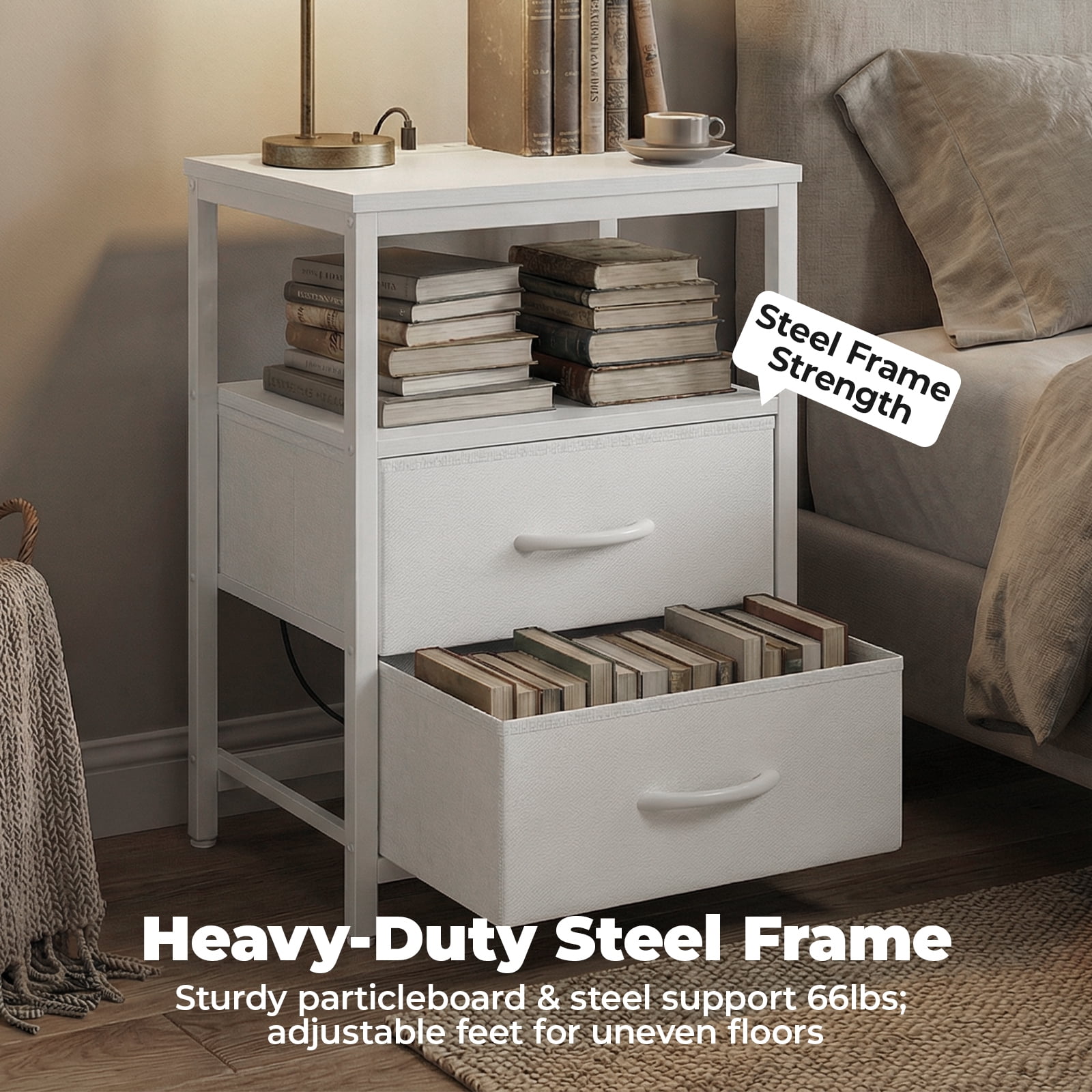 Alvantor Bedside Table Charging Station Nightstand with Fabric Drawers, End Side Table for Bedroom Living Room