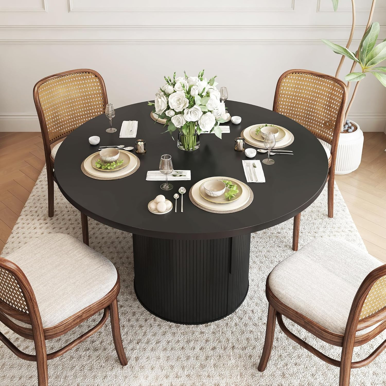 Wirrytor 47" Black Dining Room Table with Storage, Modern Round Table for 4, Kitchen table with 2-Layer Storage Shelves, Circle Dining Table