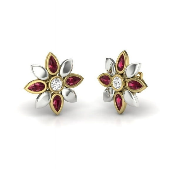 RAJHANS RHODIUM 925 silver Earring Zircon 14K Yellow Gold Plated Floral Ring with Diamonds and Rubies