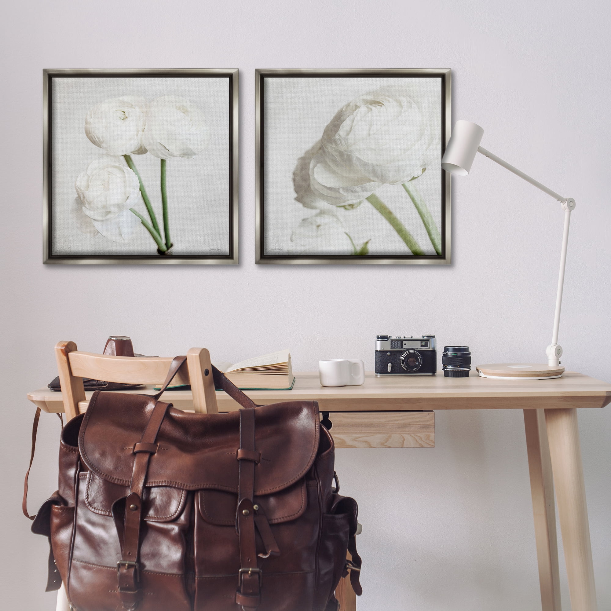 Stupell Industries Simple White Peony Stems Plants & Flowers Painting Gray Floater Framed Canvas Art Print Wall Art, 25 x 25, Set of 2