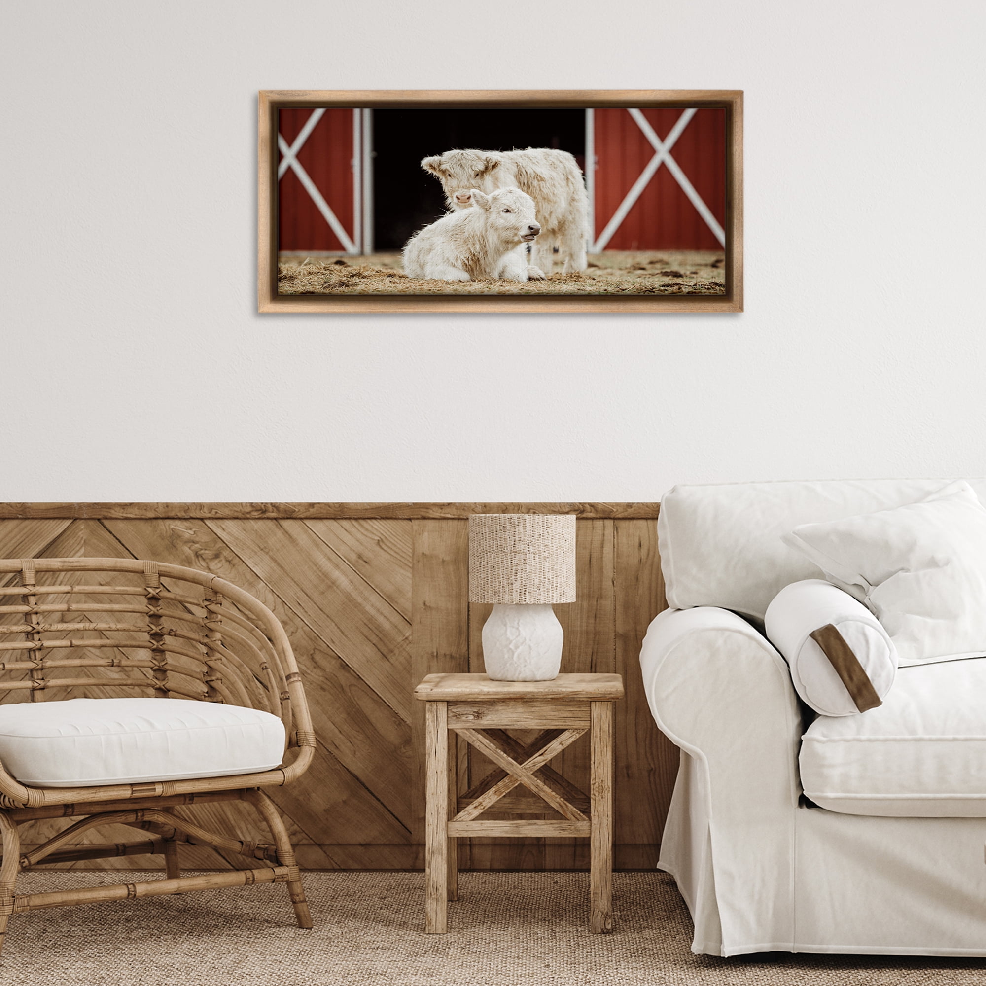 Stupell Industries White Cattle Barn Animals & Insects Photography Brown Floater Framed Canvas Art Print Wall Art, 31 x 14