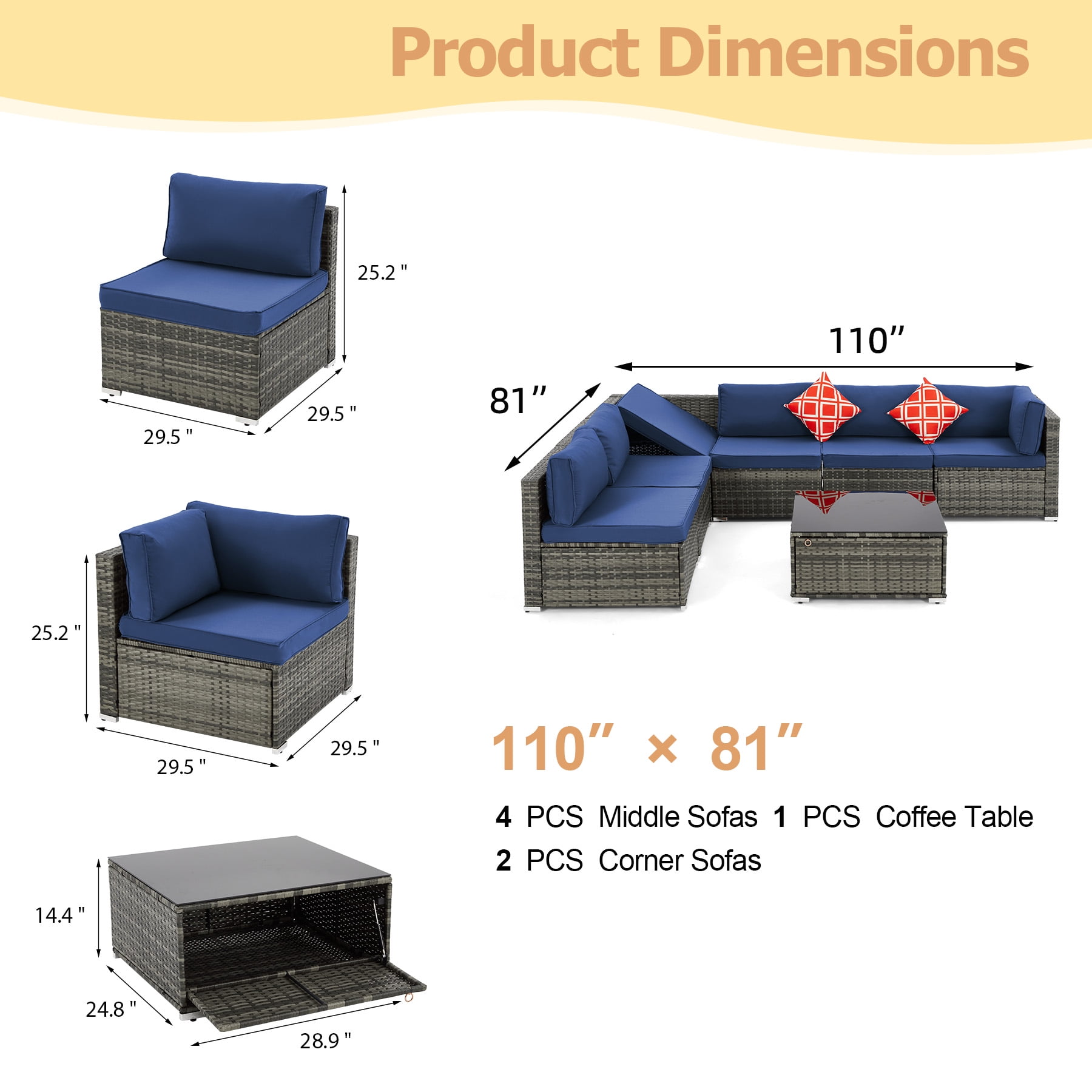 Homrest 7 Piece Patio Furniture Set with Adjustable Bracket All-Weather Wicker Conversation Set with Coffee Table for Porch Garden Backyard (Blue)