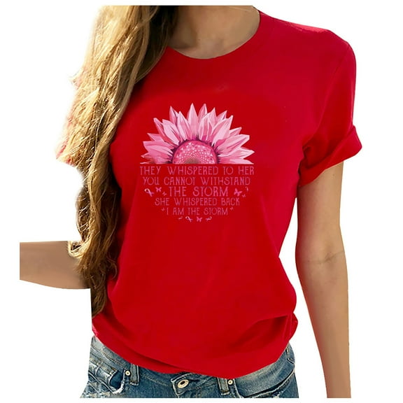 Lolmot Breast Cancer Gift Shirts for Women Pink Ribbon Letter Print Crew Neck Short Sleeve Tops Breast Cancer Awareness T-Shirt