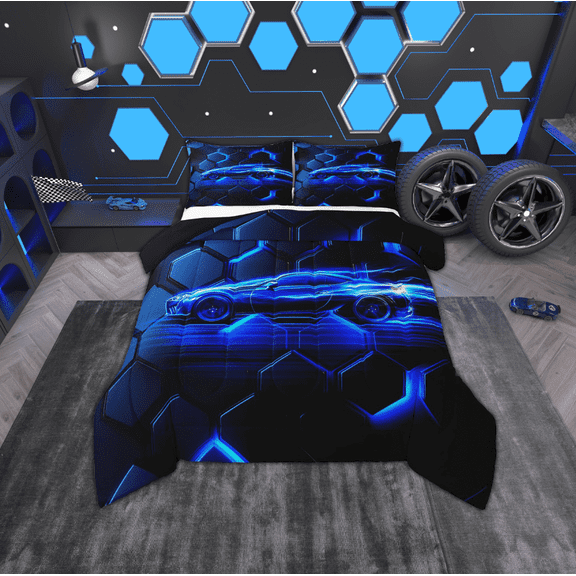 Erosebridal Fast Car Bedding Twin Comforter Set,Geometric Honeycomb Down Comforter,Black Blue Bedding Sets Twin With Comforter,Ultra Soft Ombre Bedroom Decoration,Reversible,2-Piece